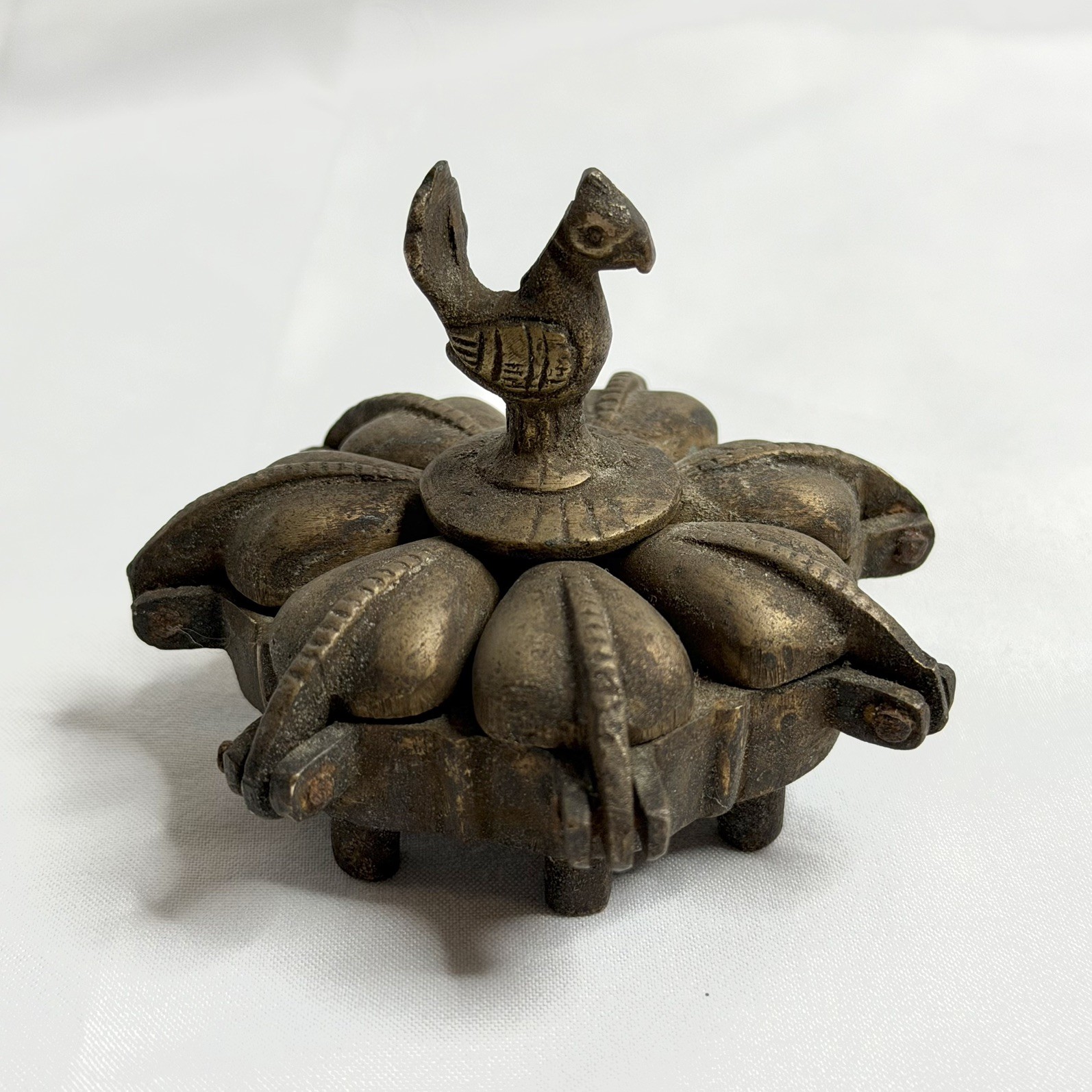 Antique Indian Kankavati (Kumkum Box, Tikka box, Kankavati) Lotus Peacock Finial