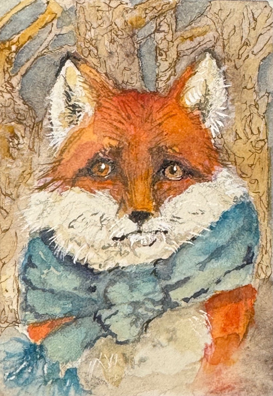Origional Watercolor  ACEO Fox with scarf in woods by artist Edith Schmidt