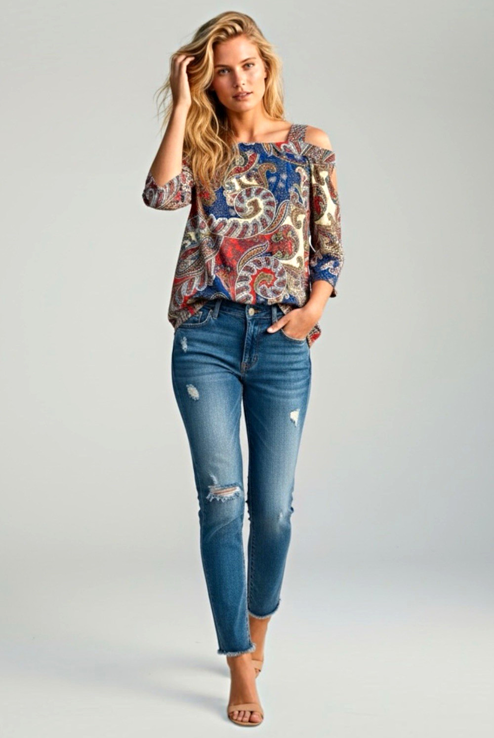 Chico\'s Multicolor Paisley Square Neck Knit 3/4 Sleeve Stretch Top Size 1  Boho