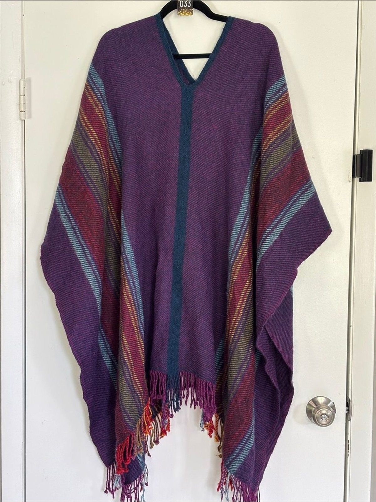 Peruvian Connection Purple Multicolor Stripe Long Poncho 100% Alpaca EUC