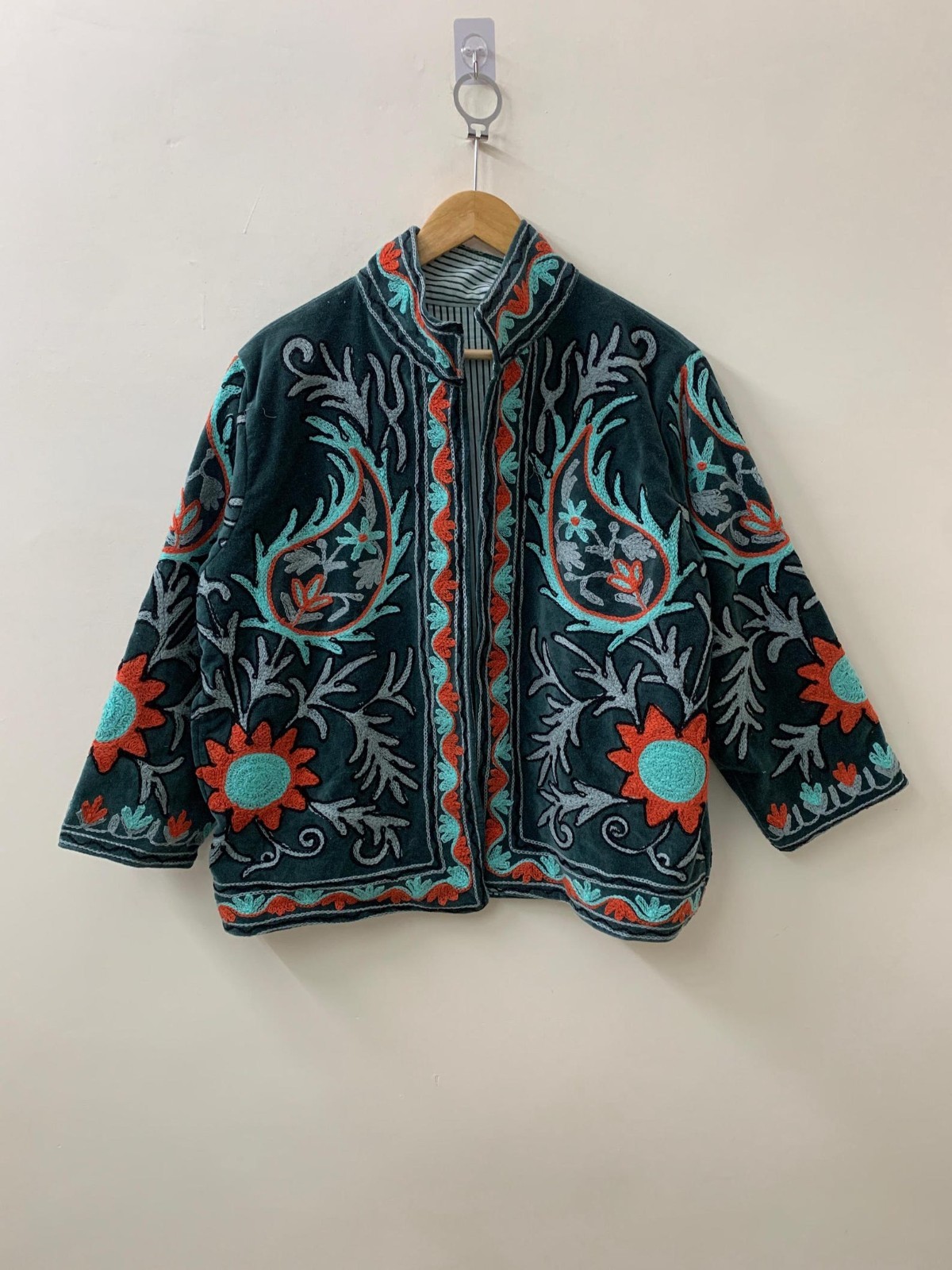 Vintage Velvet Suzani Jacket | Embroidered Floral Kimono Coat, Boho Uzbek Style