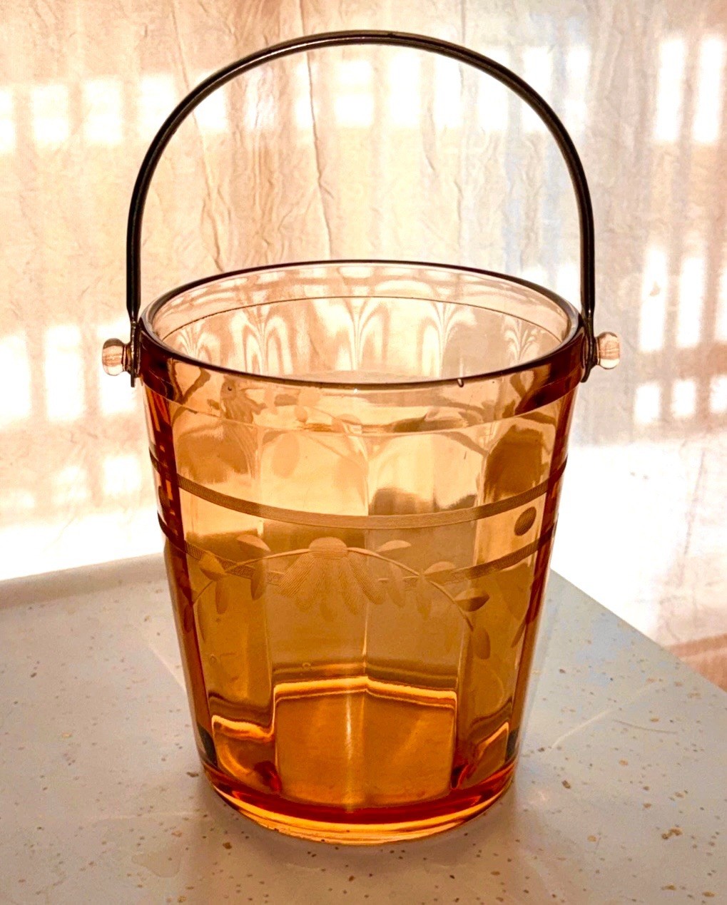 Vintage Ice Bucket Pink Amber Glass Etched Floral Metal Handle Clear
