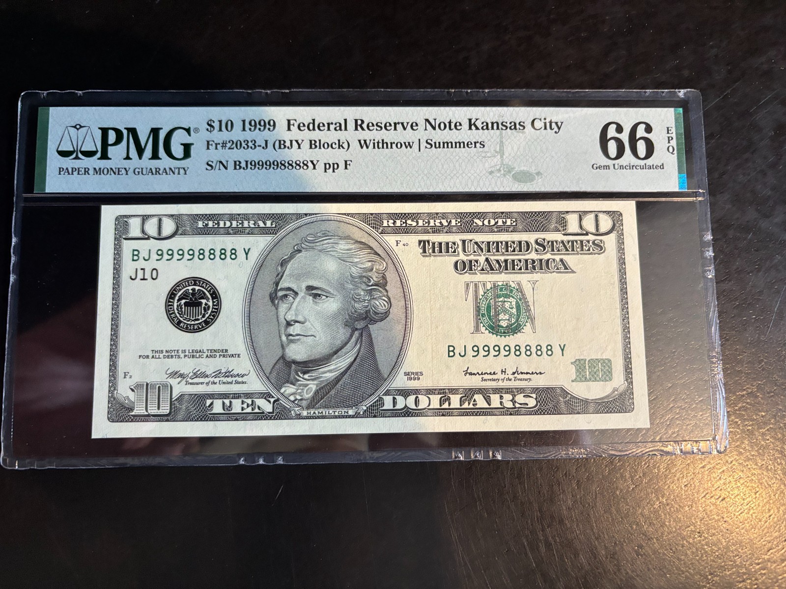 DBR 1999 $10 FRN Kansas City Gem Fr. 2033-J PMG 66 EPQ Fancy Serial BJ99998888Y