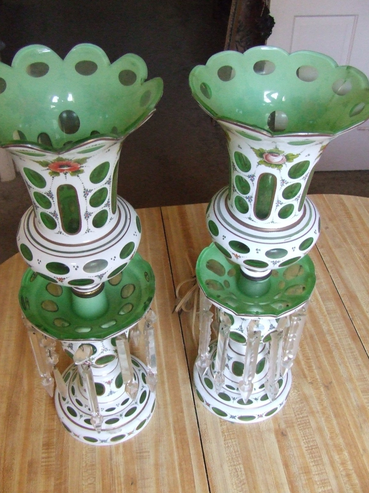 Vintage Pair of Bohemian Czech Glass Mantle Luster Lamps