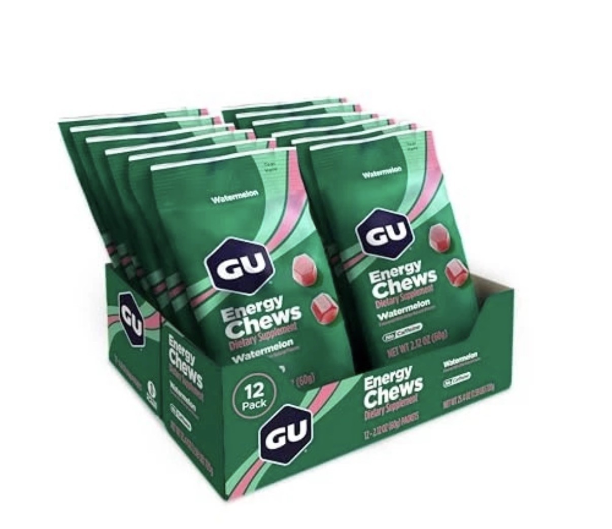 GU Energy Chews, Watermelon Energy Gummies with Electrolytes, 12 Bags GU Energy Chews, Watermelon Energy Gummies with Electrolytes, 12 Bags