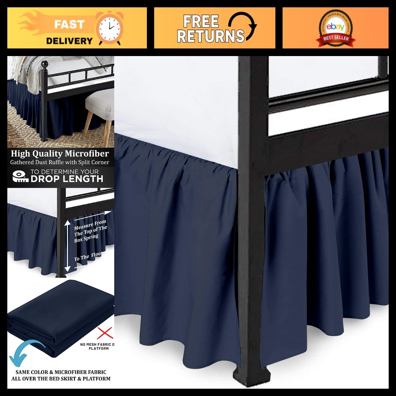 Navy Blue Ruffled Bed Skirt, Full Size, 16 Inch Drop, Elegant Bedding Accessory