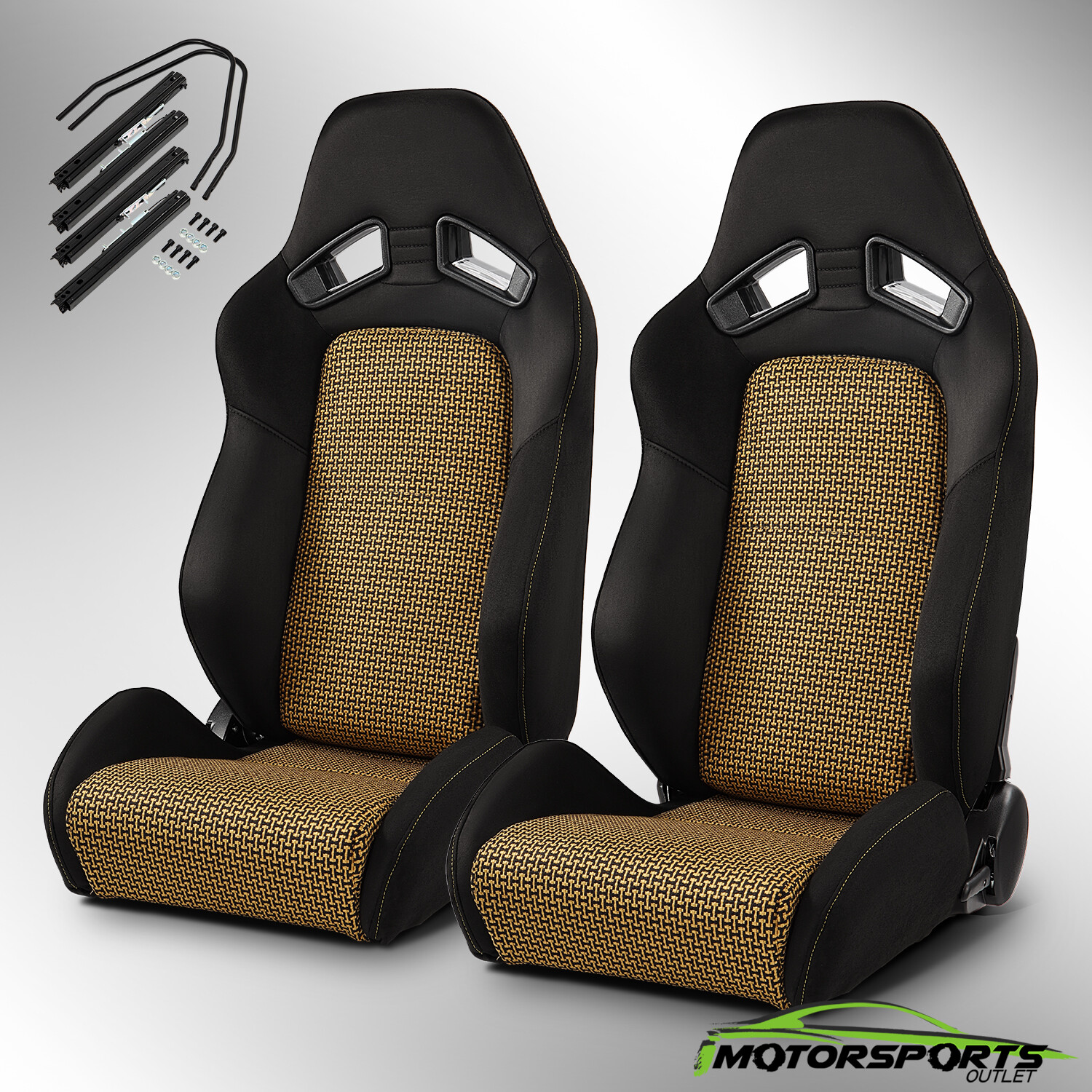 Universal Black+Gold I-pattern PVC Reclinable Racing Seats Pair Left/Right
