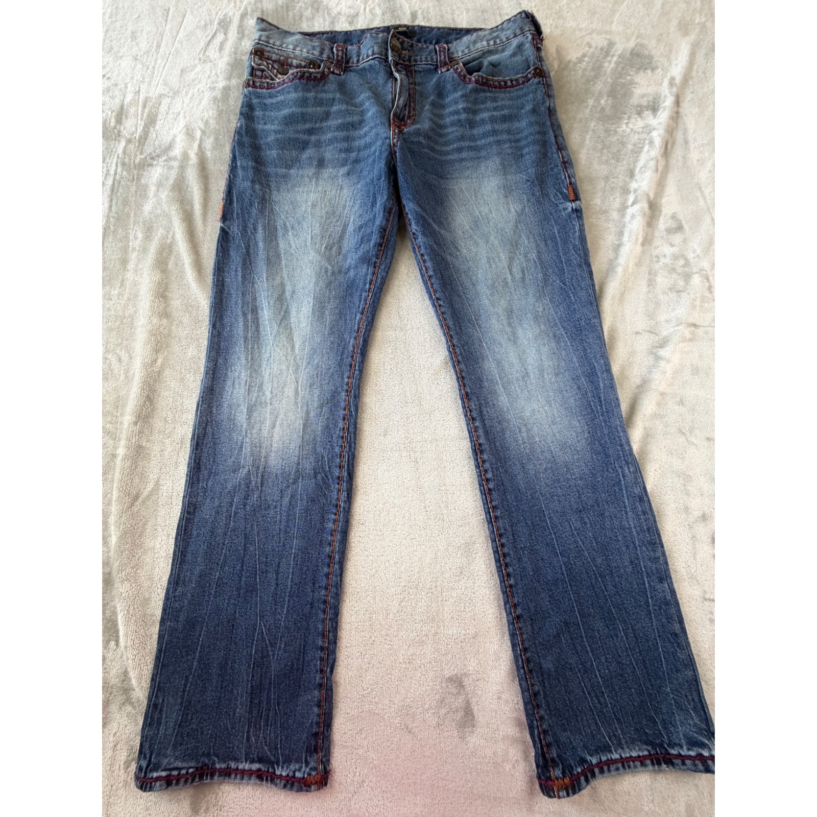 True Religion Ricky Jeans Mens 38 Blue Relaxed Straight Big T Stitch Denim