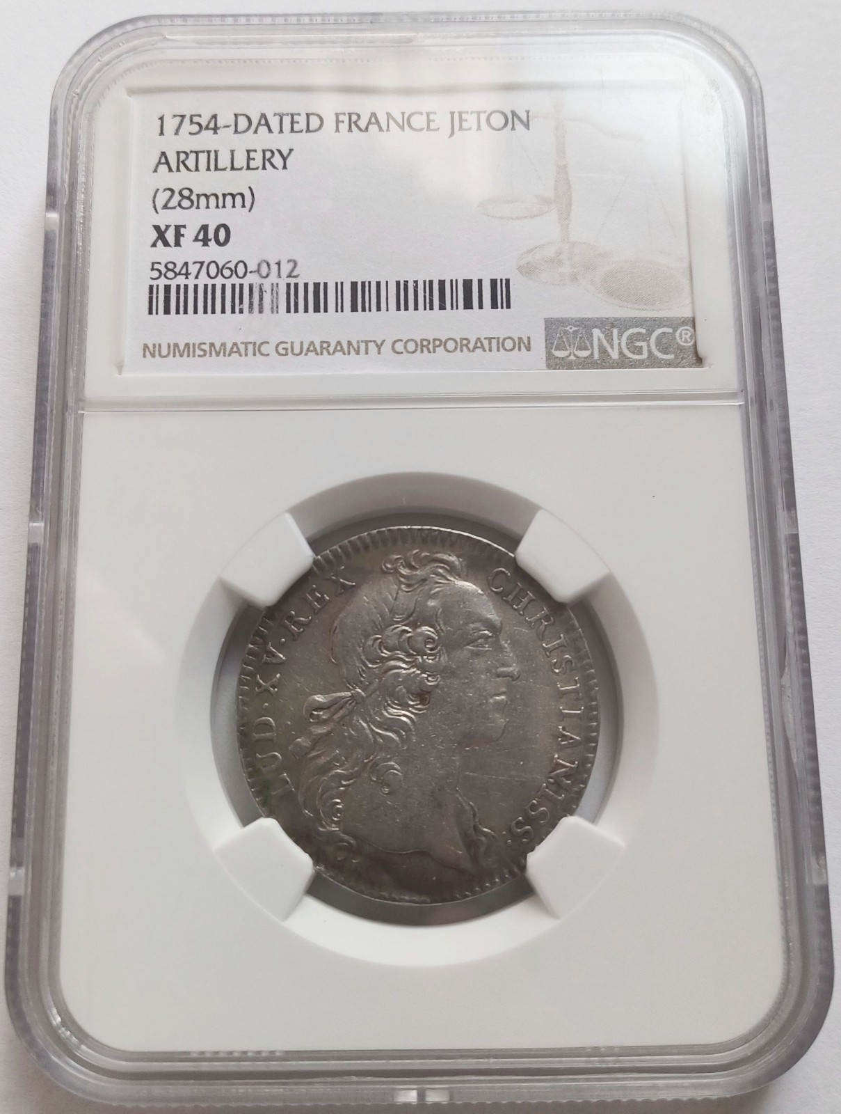 1754-Dated France Louis XV Silver Artillery Jeton Token NGC XF40, 28mm French