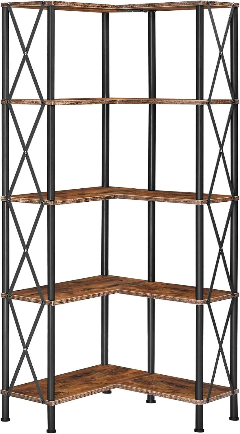 HOOBRO Corner Bookshelf, 5-Tier L-Shaped Bookcase, Industrial Open Display Shelf