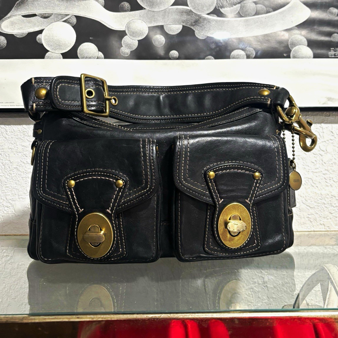 Coach LEGACY Black Shoulder Bag with turn-lock Pockets Striped Lining, Hang Tag