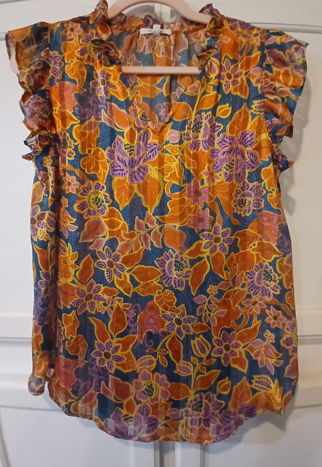 NWOT - Pleione Floral Sleeveless Multicolor, Ruffle, Lightweight Blouse Size S