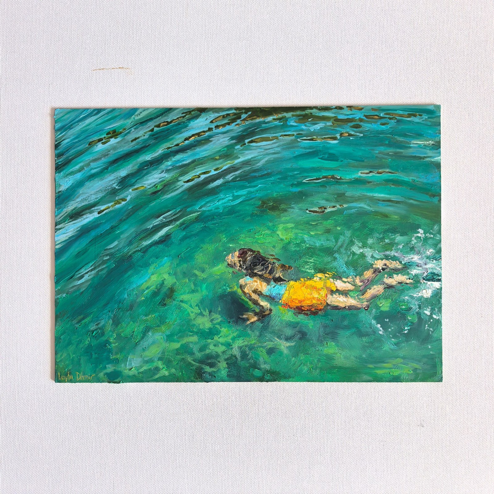 Swimming in Turquoise Sea – Original Oil Painting, Ocean Art, Summer Seascape