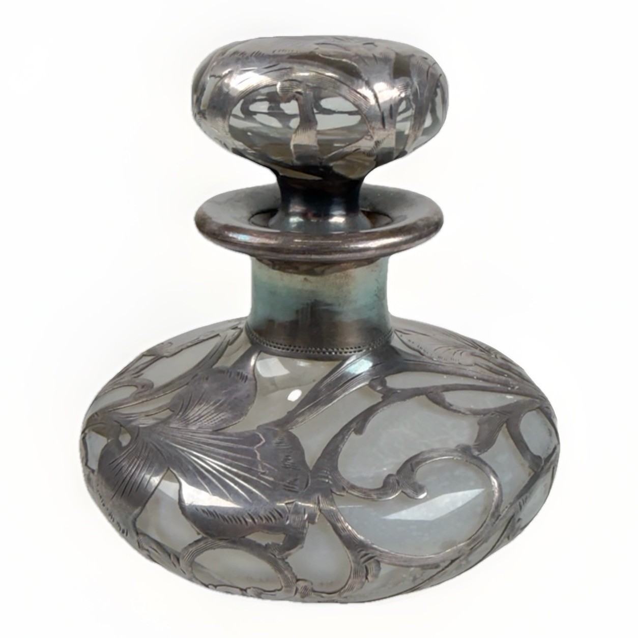 Antique Fine Silver Overlay Crystal Glass Perfume Bottle Art Nouveau Floral 1000 Antique Fine Silver Overlay Crystal Glass Perfume Bottle Art Nouveau Floral 1000