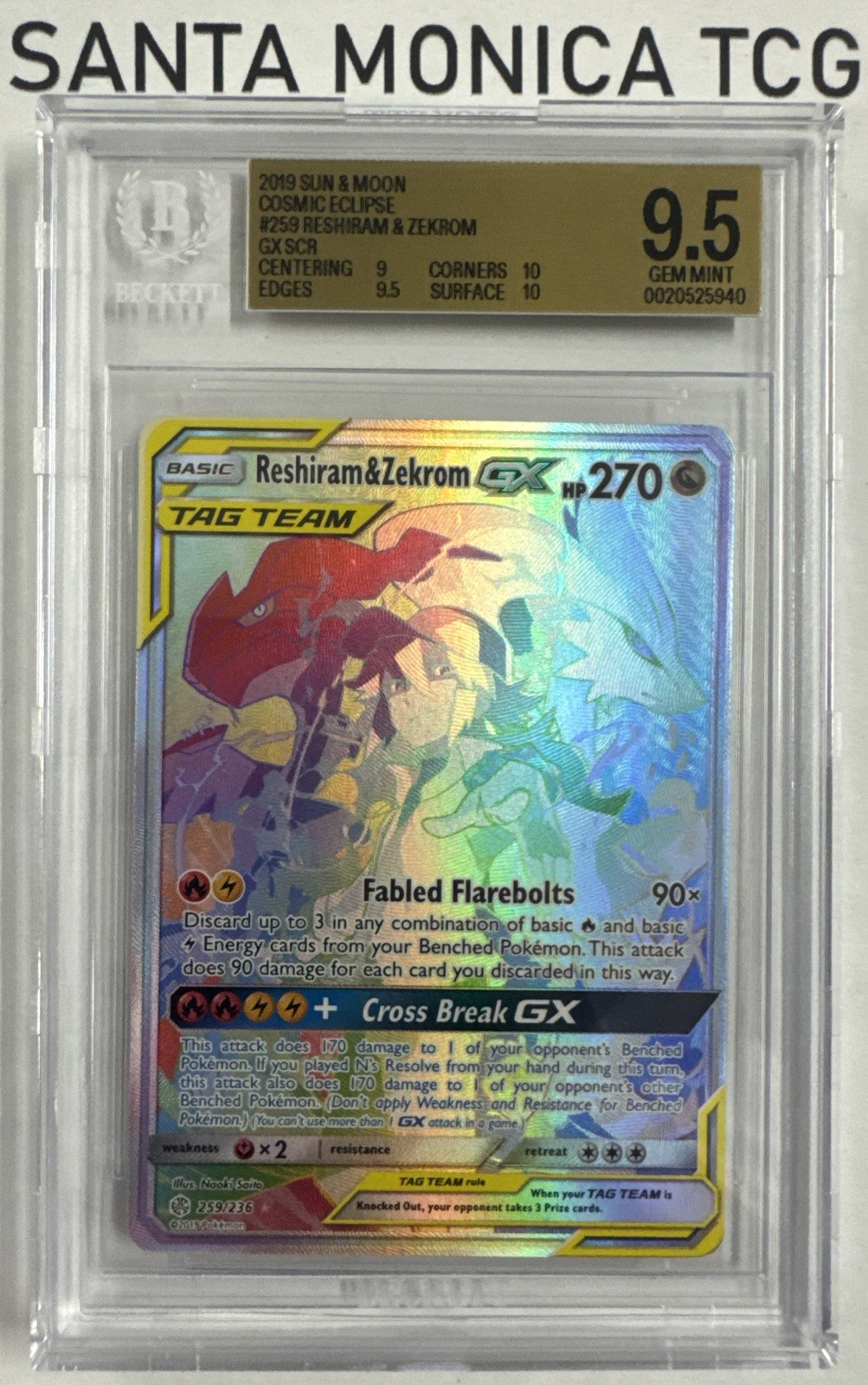 2019 Sun & Moon Cosmic Eclipse #259 Reshiram & Zekrom GX Secret Rare GM 9.5