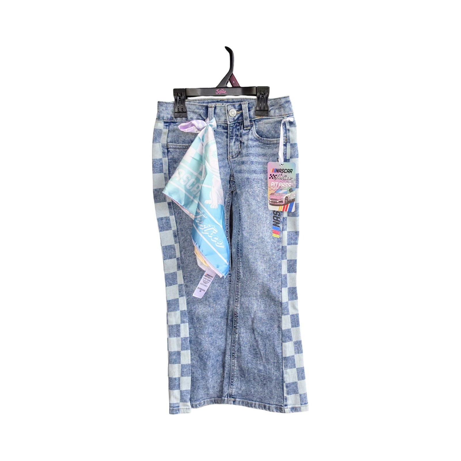 Justice x NASCAR Girls Flare Jeans Light Wash Checkered Stripe with Scarf Size 6 Justice x NASCAR Girls Flare Jeans Light Wash Checkered Stripe with Scarf Size 6