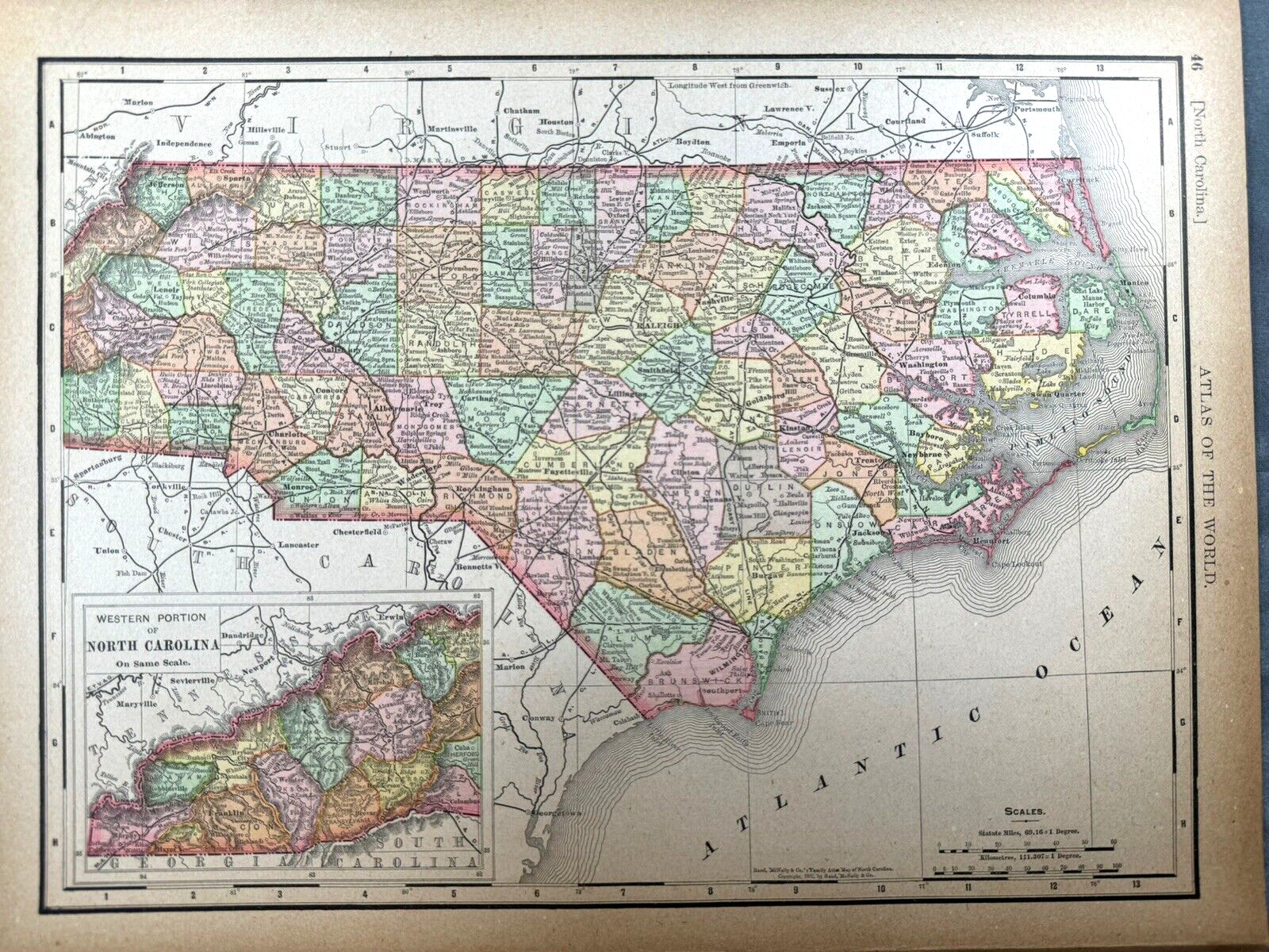 1892 NORTH CAROLINA Map, Color Counties, Historical Points, 14\