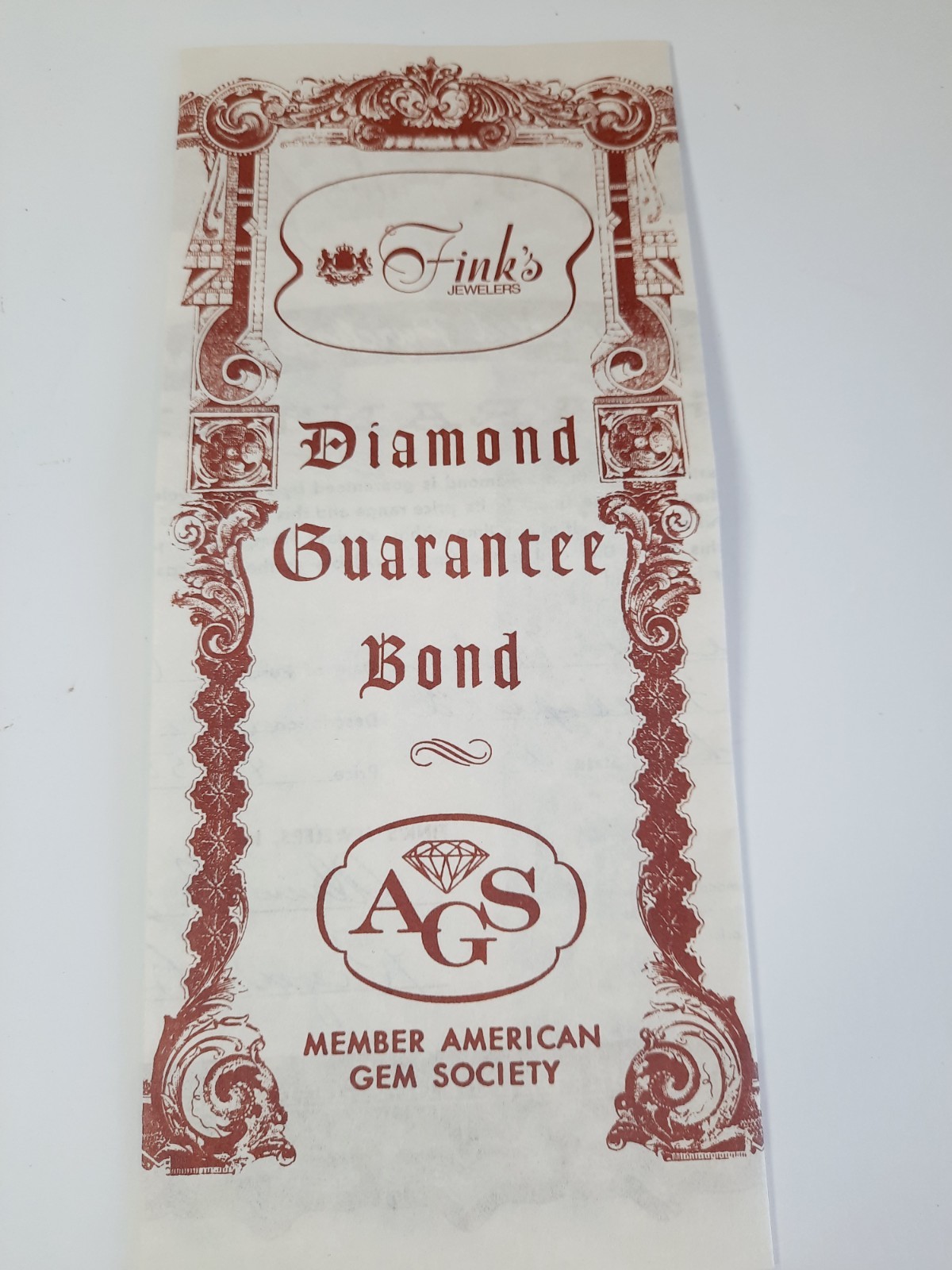 Vtg 1975 Finks Diamond Guarantee Bond Certificate 