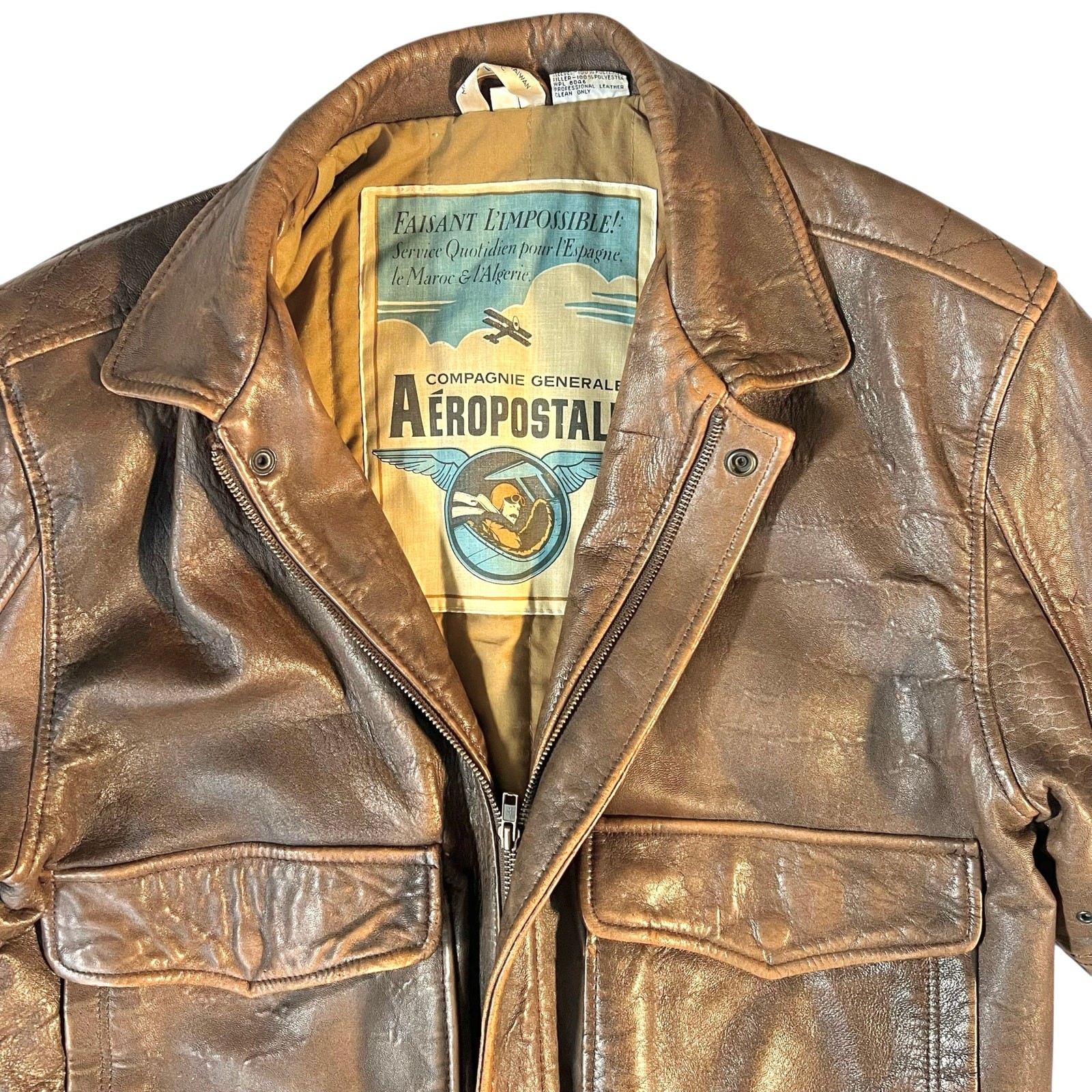 Vintage Aéropostale Compagnie Générale Leather Flight Jacket- 40-L/XL-1980s Rare