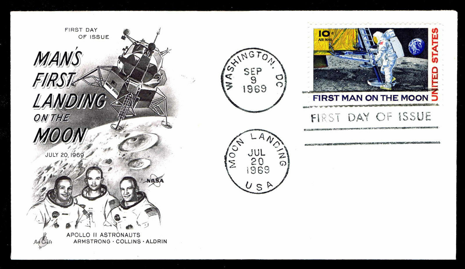  #C76 Apollo 11 MOON LANDING 1969 Dual Cancelled ARTCRAFT Cachet SPACE FDC 