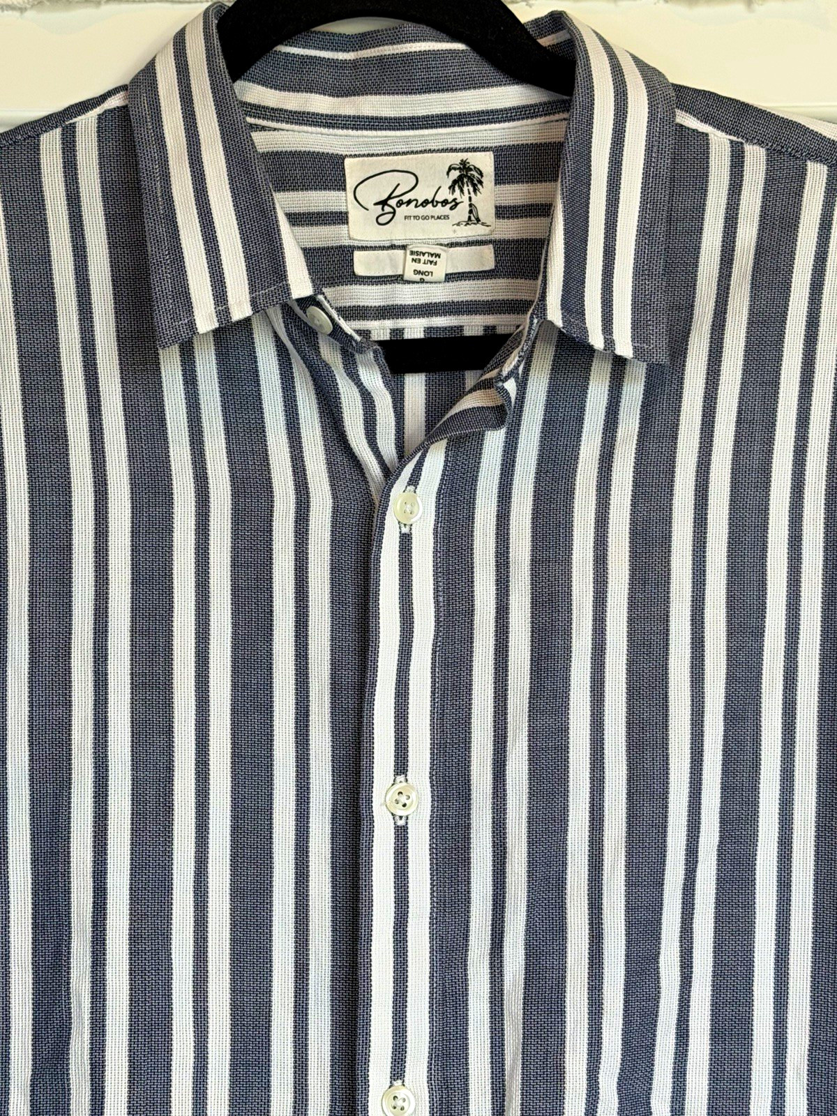 Bonobos Men’s L Long Slim Fit Blue White Striped Shirt 100% Cotton 1113