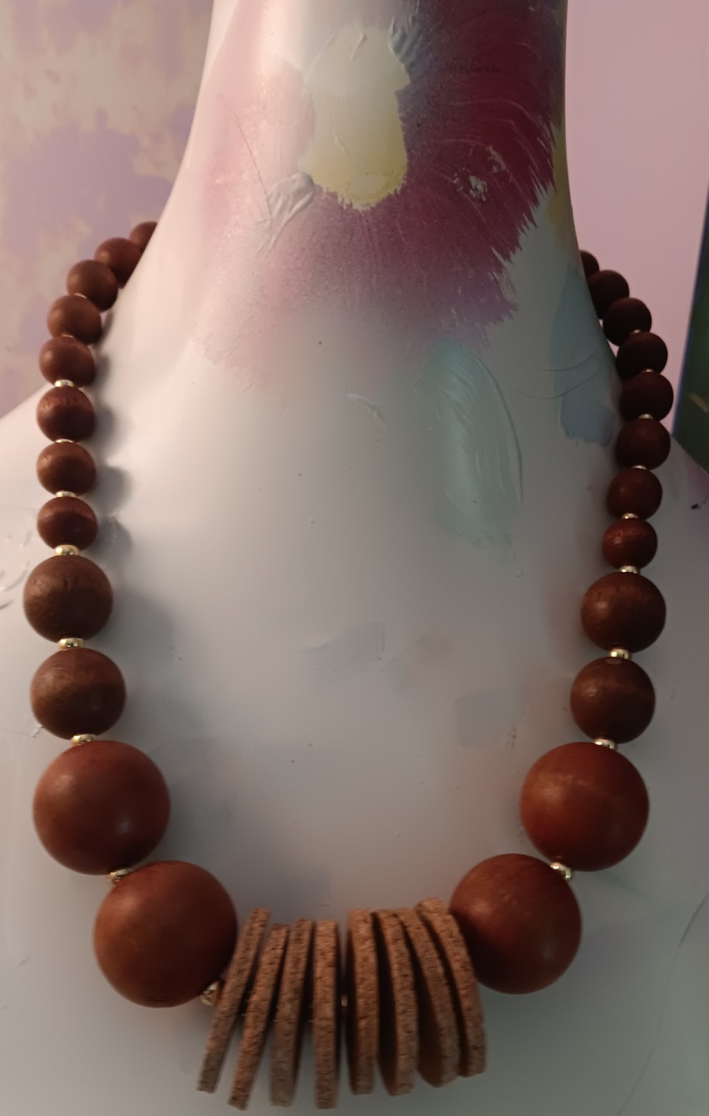 Vintage 1980s Unique Graduated Natural Wood Bead with Cork Disks Necklace