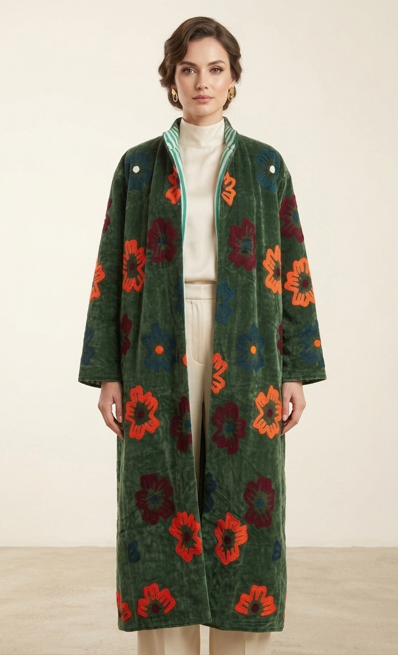 Women\'s Green Velvet Duster Coat Embroidered Floral Tiger Open Front Trench