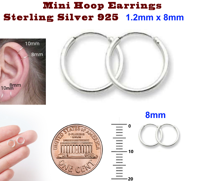 Continuous Mini Hoop Earrings 8mm 10mm 12mm 14mm 16mm Sterling Silver 925 Pair