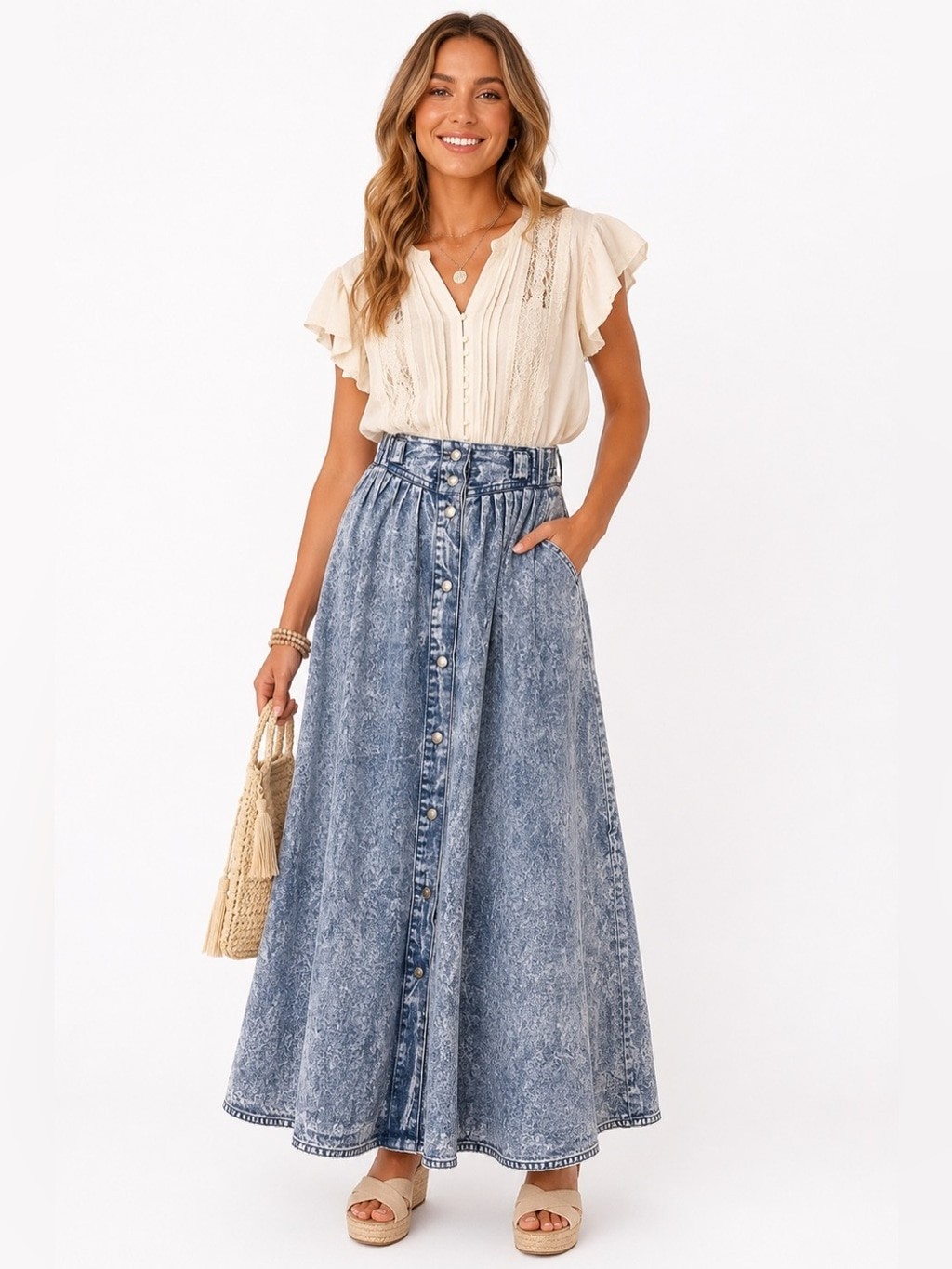 VTG 80’s Jordache Acid Wash Denim Midi Skirt Button Front Pleated Waist A-Line VTG 80’s Jordache Acid Wash Denim Midi Skirt Button Front Pleated Waist A-Line