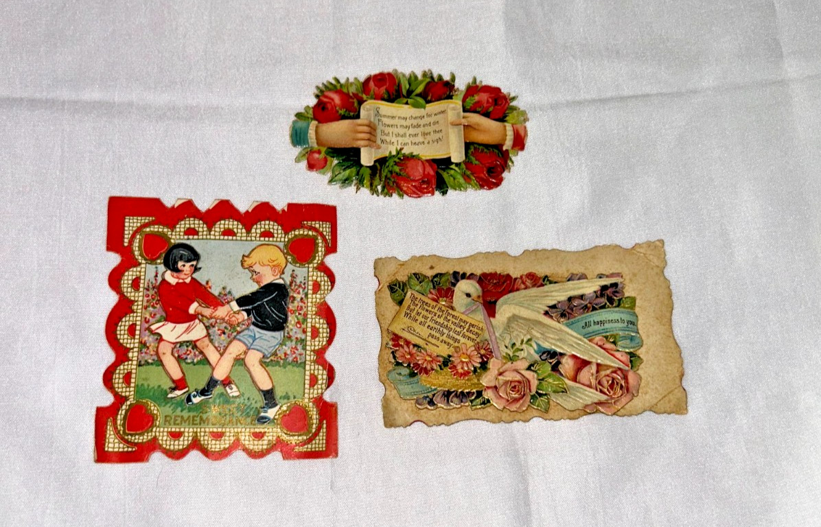Antique Vintage Valentine Cards Lot Die Cut Embossed USA Dove Roses Ephemera