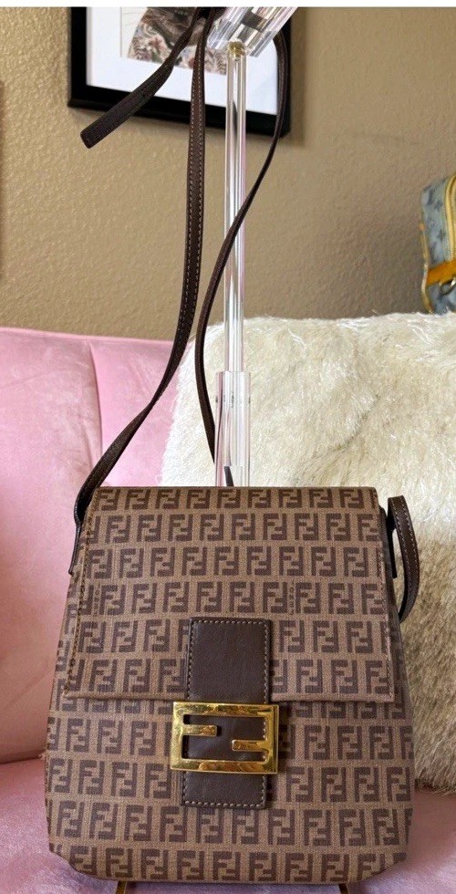 FENDI Zucca FF Spalmati monogram Brown Crossbody Bag w Gold Buckle