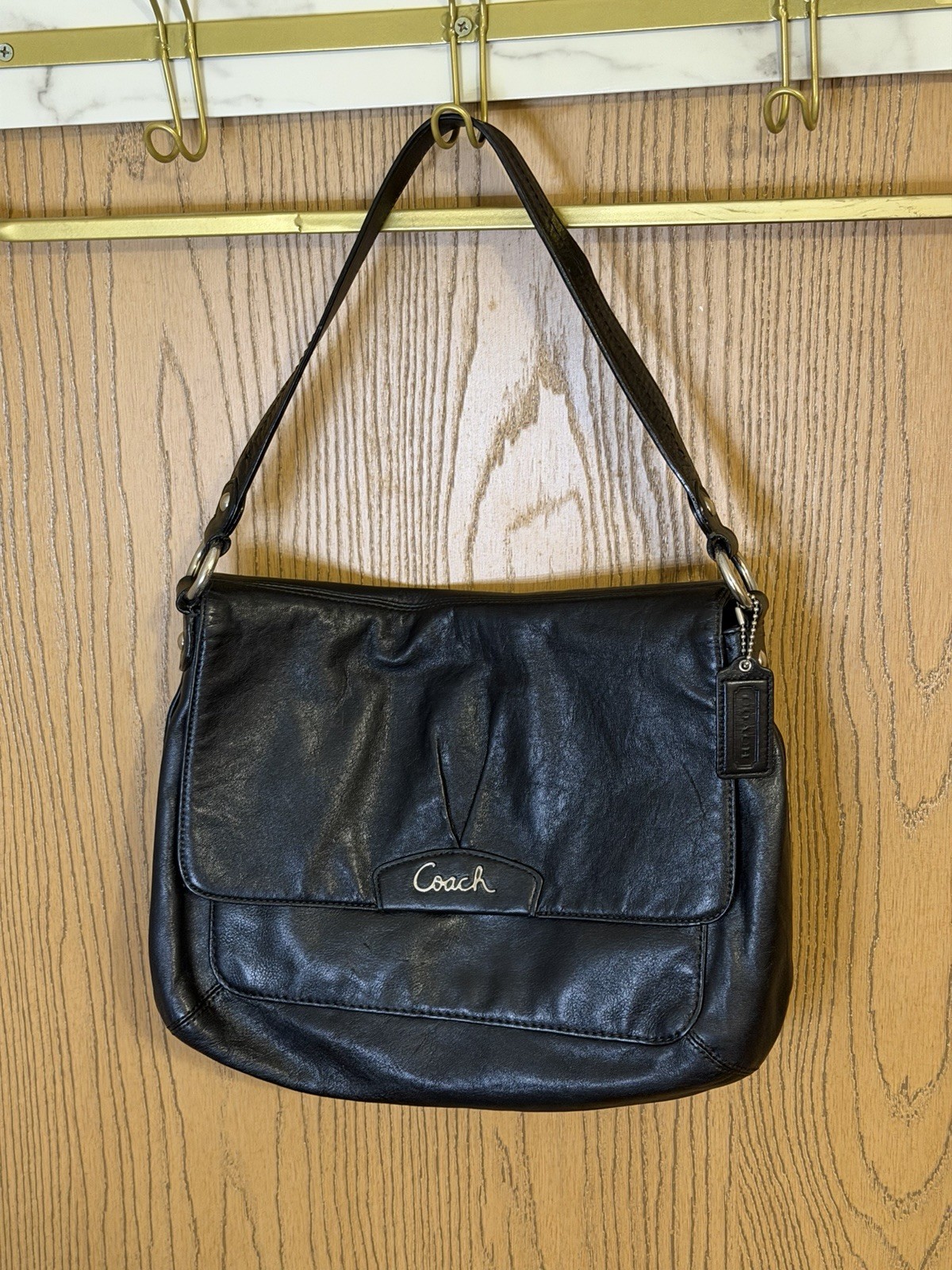 Vintage Coach 9131 Black Leather Flap Shoulder Bag Saddle Purse 90s