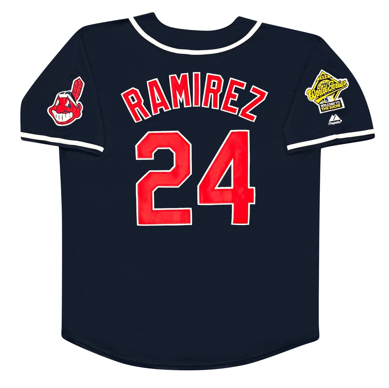 Manny Ramirez 1995 Cleveland Indians Navy Blue World Series Men\'s Jersey (L-XL) Manny Ramirez 1995 Cleveland Indians Navy Blue World Series Men\'s Jersey (L-XL)