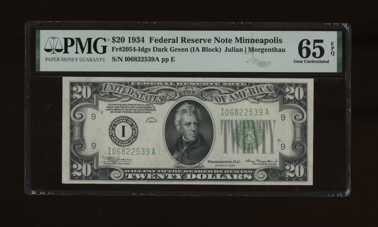 DBR 1934 $20 FRN DGS Minneapolis Gem Fr. 2054-Idgs PMG 65 EPQ Serial I06822539A