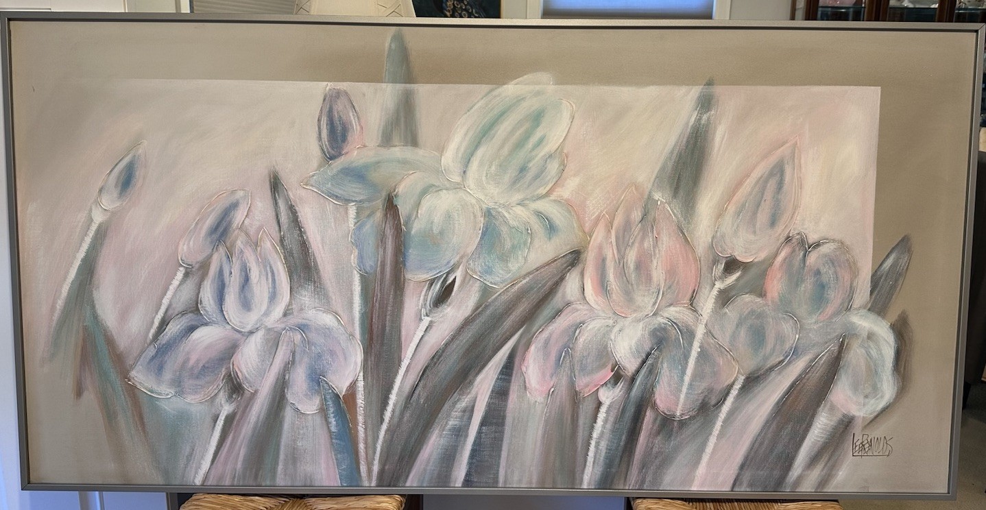 Lee Reynolds Burr Signed MCM Still Art Floral Oil Painting Canvas Wall 60” X 30”