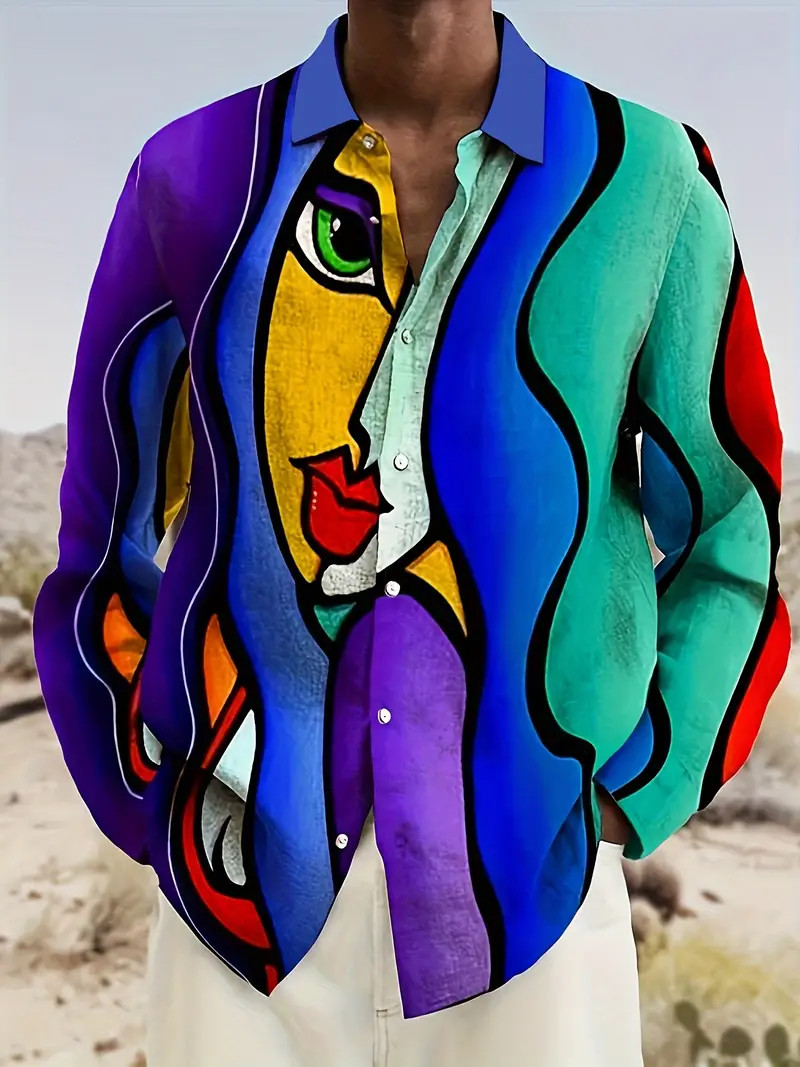 Abstract Face Button Up Shirt Colorful Long Sleeve Green Blue Purple Contrast Abstract Face Button Up Shirt Colorful Long Sleeve Green Blue Purple Contrast
