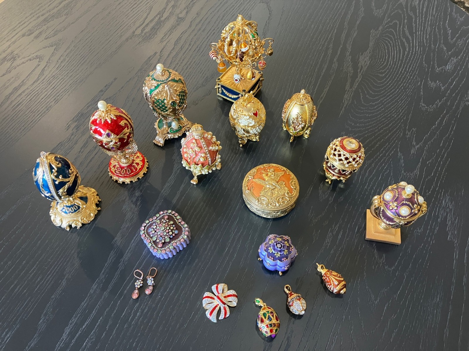 joan rivers collections of eggs,  pill boxes, pendants, brooch and earrings