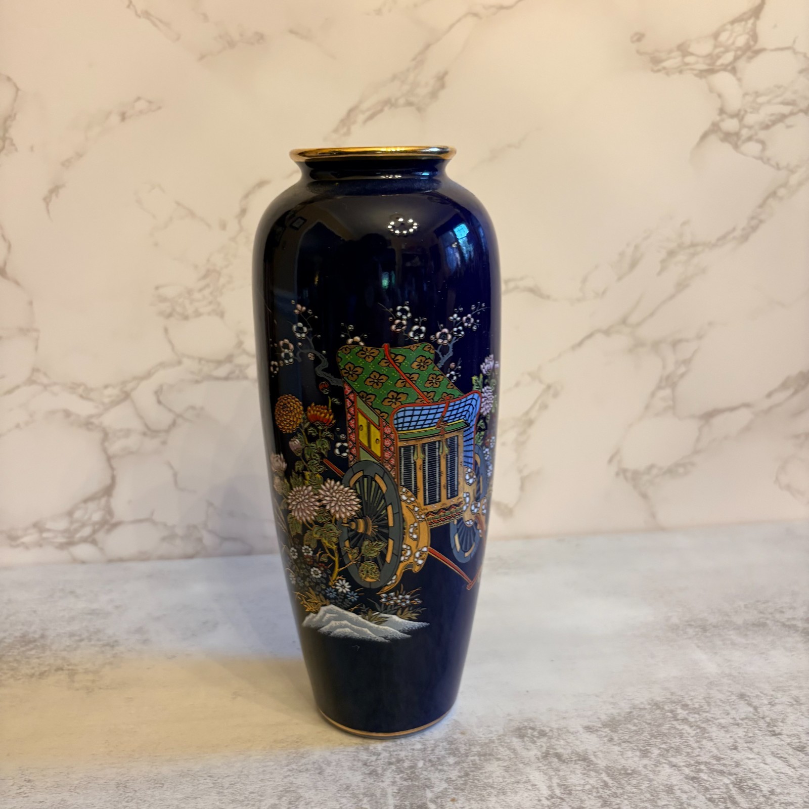 Vintage Cobalt Blue Porcelain Rickshaw Vase Gold Trim Asian Marked 9\