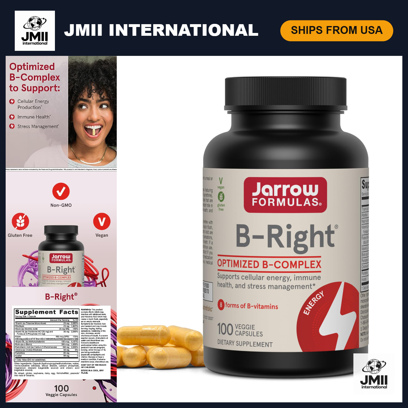 Vitamin B Complex Formula - Jarrow B-Right, 100 Capsules, Energy Support, Immune