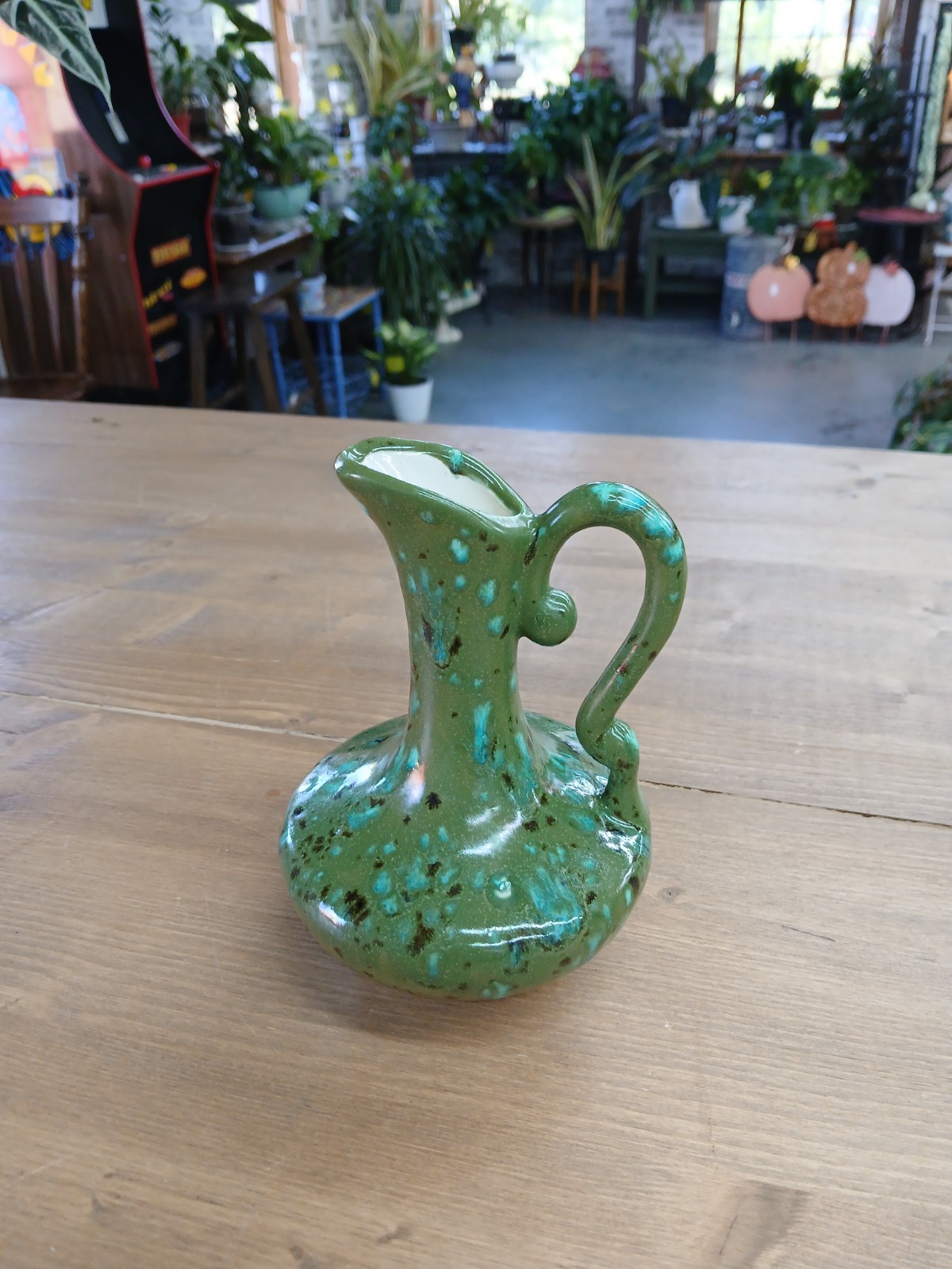 Vintage 1970s Mid Century Modern Ceramic Studio Art Green Splatter Glazed Vase
