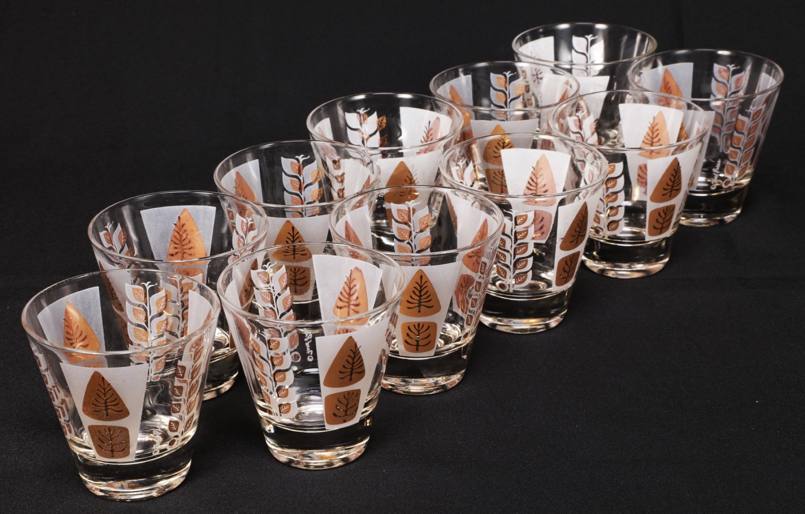 Vintage Fred Press MCM Gold Leaf Cocktail / Shot Glasses - Set of 11 (c1960)