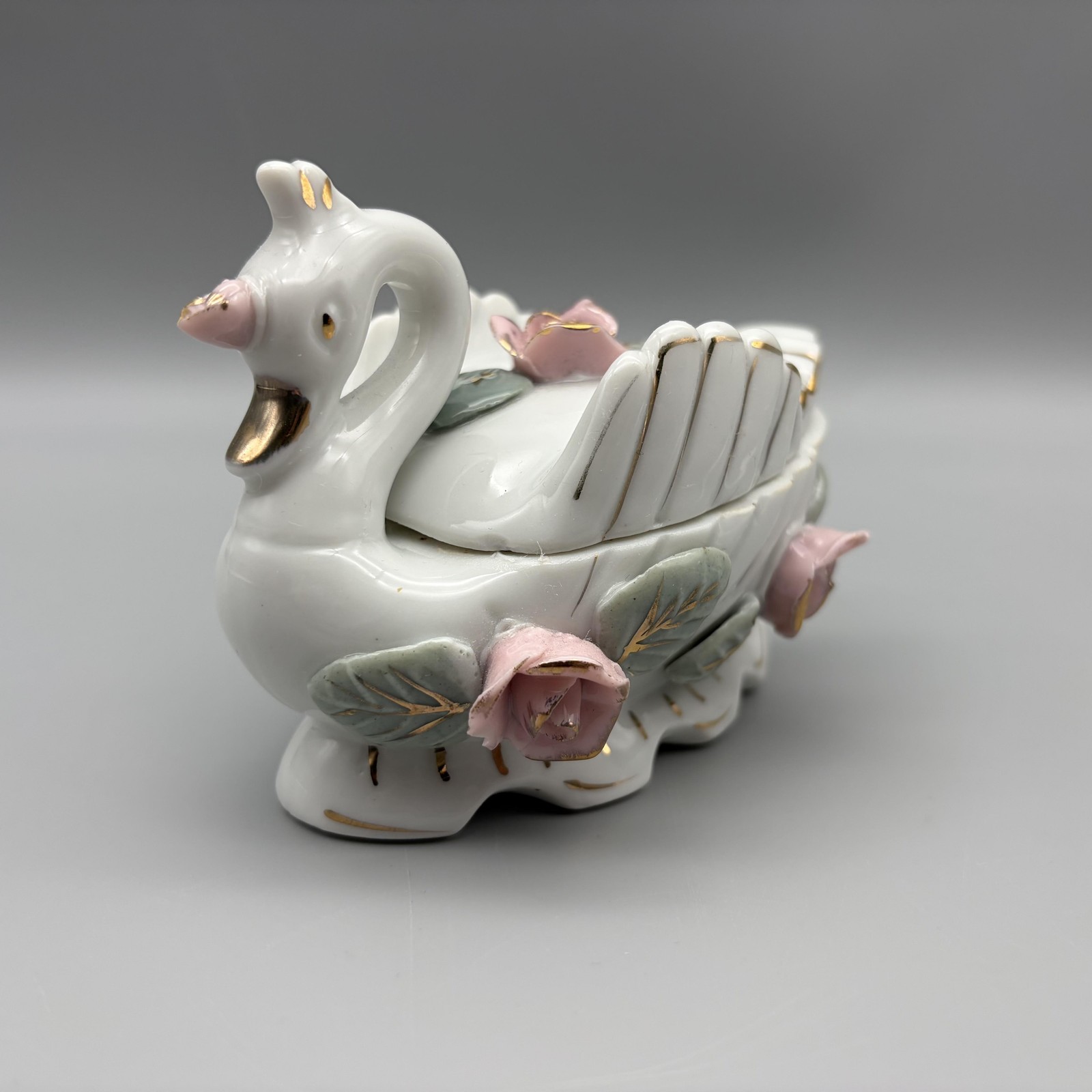 Vintage Porcelain Swan Trinket Box Pink Roses Gold Trim Japan Lid Oval