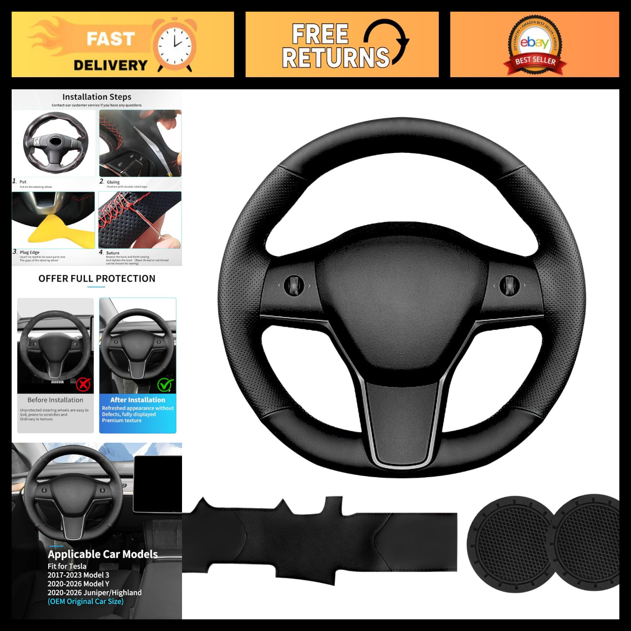 Hand Sewn Microfiber Leather Steering Wheel Cover - Custom Fit for Tesla Models