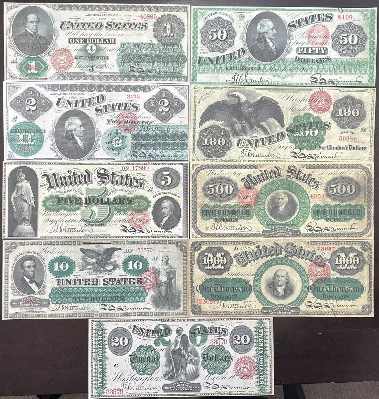Reproduction 1862 1863 Legal Tender Notes $1-$1000 Complete Set See Description