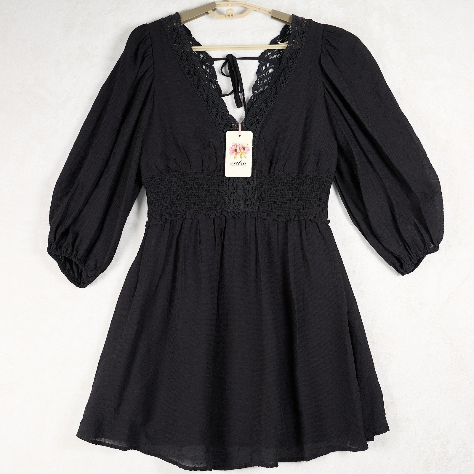 Entro Black Crochet Lace Smocked Waist Balloon Sleeve Mini Dress Small NWT