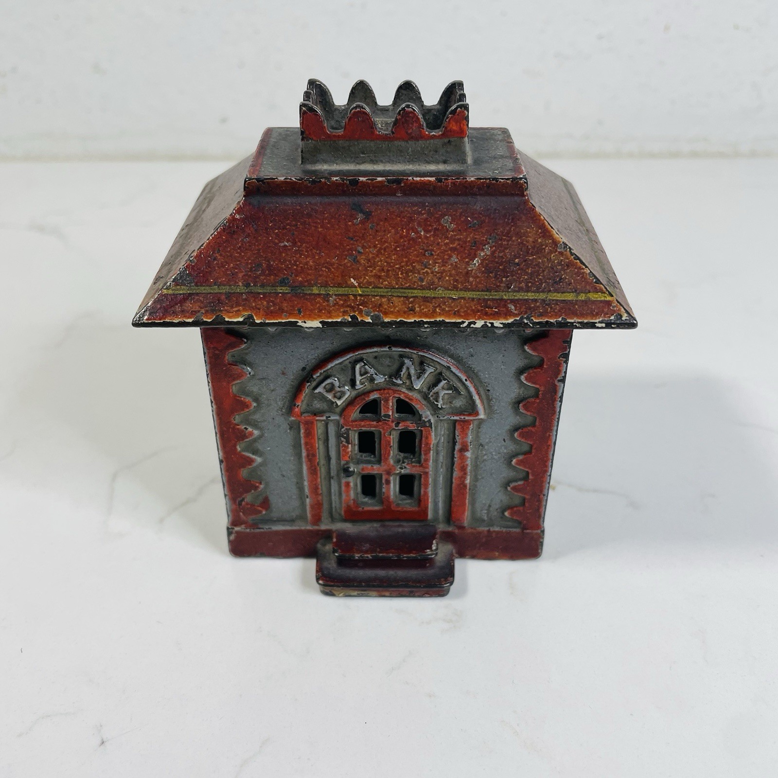 Antique J & E Stevens Cast Iron House Still Coin Bank Cottage Crown Top Original