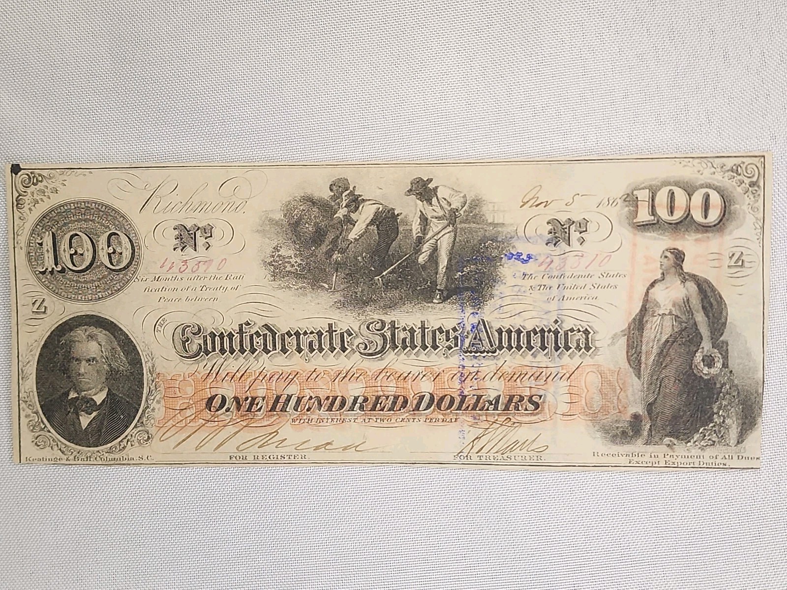 Confederate States CSA $100 Nov. 5, 1862 Rare Variety T-41 CR-324 R-9 AU Plus Confederate States CSA $100 Nov. 5, 1862 Rare Variety T-41 CR-324 R-9 AU Plus