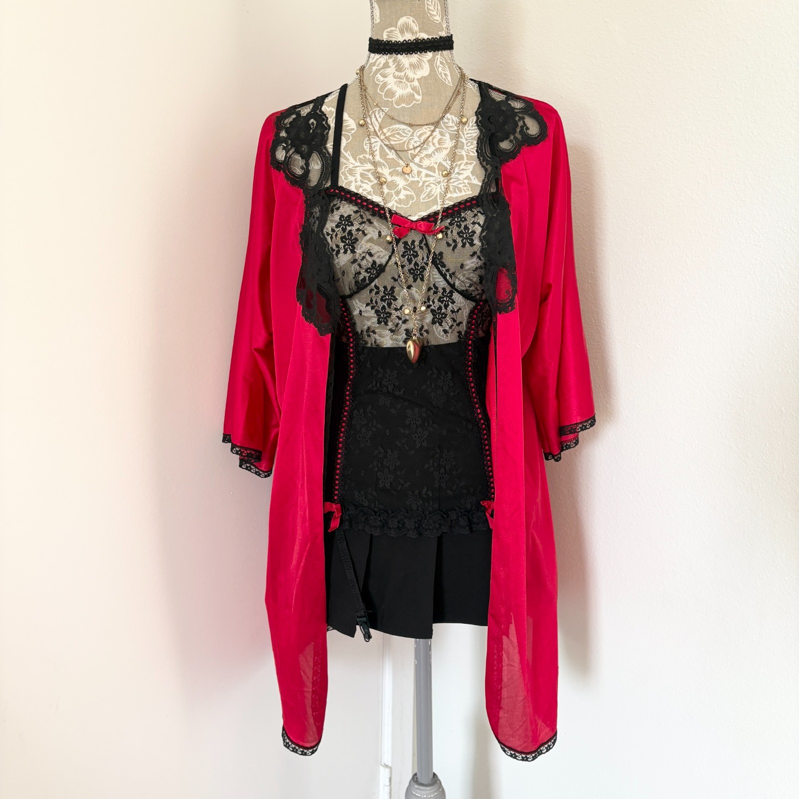 Vintage Red Black Nylon Lace Trim Lingerie Robe Made in USA Kimono Style
