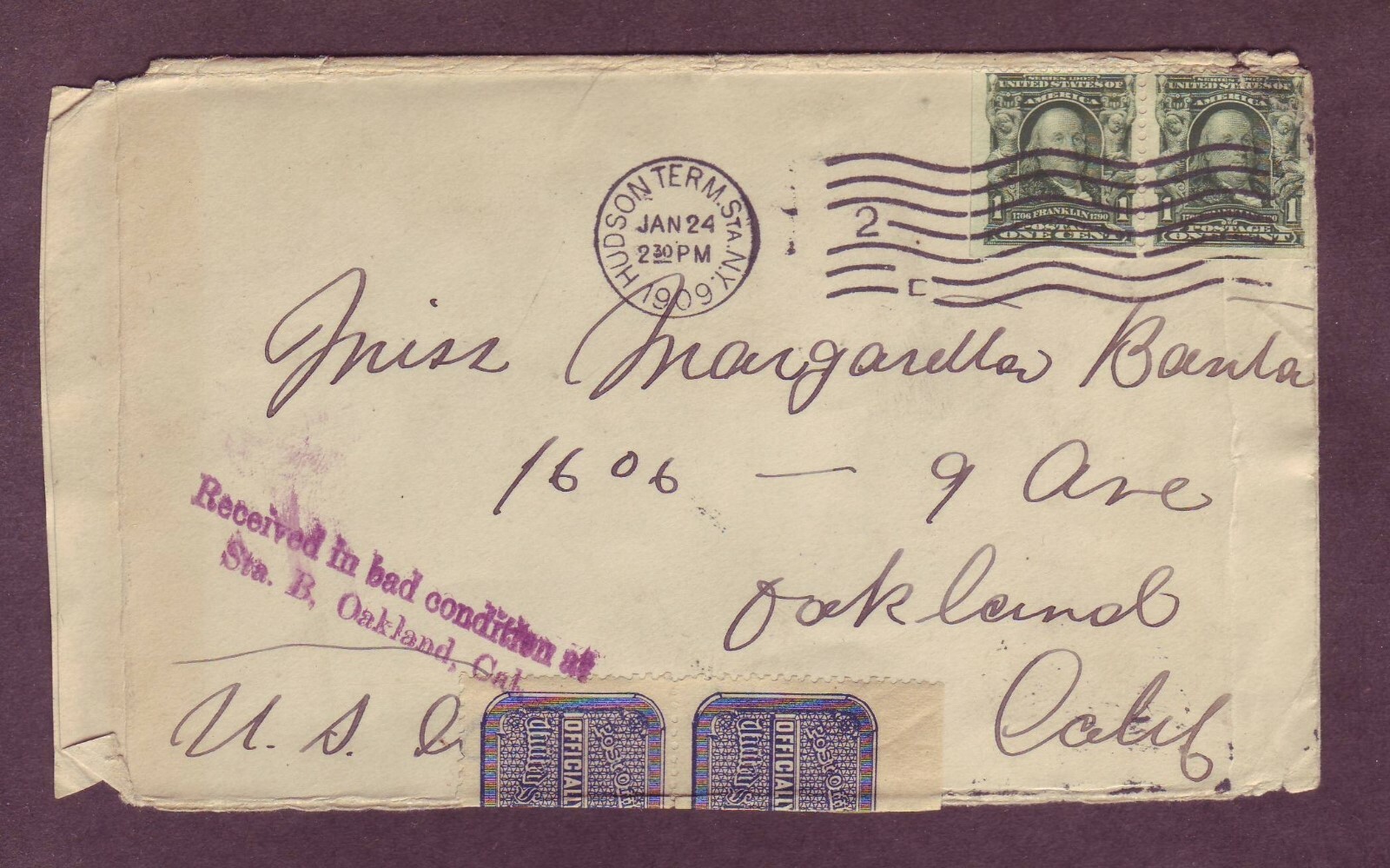 300b BOOKLET PANE - BOTTOM PAIR + Tied OFFICIAL SEALS - 1909 NY to CALIF Cover 