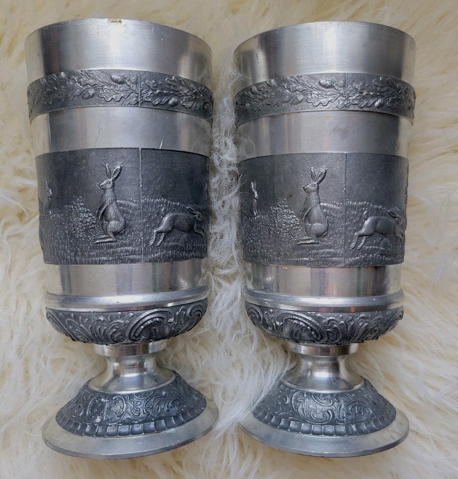 VTG Ireland Mullingar Pewter Goblet Pair Rabbit Hare Scene Embossed 6